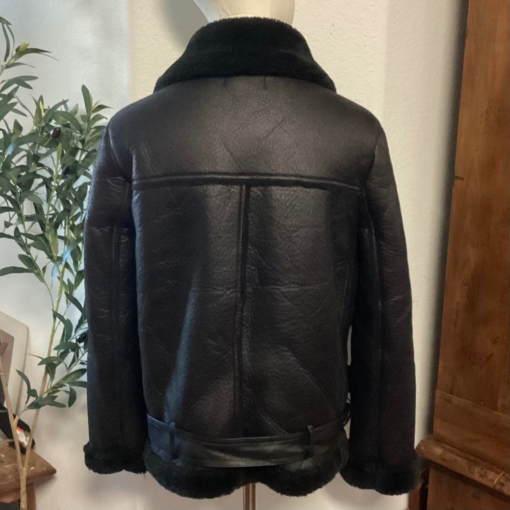 L&J Studios Womens Black Faux Shearling Aviator Moto Jacket Belted XS Gothic - Picture 5 of 11